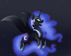 Size: 749x586 | Tagged: safe, artist:mrxbluexkarlyle, nightmare moon, alicorn, pony, g4, female, flying, night, sharp teeth, smiling, solo, teeth