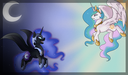 Size: 1300x760 | Tagged: safe, artist:mrxbluexkarlyle, nightmare moon, princess celestia, alicorn, pony, g4, confrontation, crying, duo, moon, sharp teeth, teeth