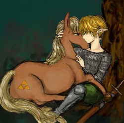 Size: 2302x2277 | Tagged: safe, artist:xkaix2501, earth pony, horse, pony, armor, bedroom eyes, blushing, cuddling, elf ears, epona, eyes closed, female, high res, hug, human on pony snuggling, interspecies, kissing, lidded eyes, link, male, mare, ponified, prone, realistic, shipping, sitting, snuggling, straight, sword, the legend of zelda, tree, weapon