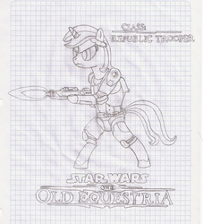 Size: 1595x1760 | Tagged: safe, artist:tay-houby, oc, oc only, oc:celeny, armor, blaster, graph paper, lined paper, monochrome, soldier, solo, star wars, star wars: the old republic, traditional art, weapon
