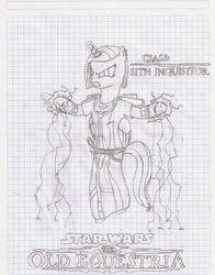 Size: 1504x1920 | Tagged: safe, artist:tay-houby, oc, oc only, oc:clep, black and white, electricity, graph paper, grayscale, lined paper, monochrome, simple background, sith, sith inquisitor, solo, star wars, star wars: the old republic, traditional art