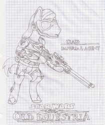 Size: 1504x1792 | Tagged: safe, artist:tay-houby, oc, oc only, oc:sirius, earth pony, pony, bipedal, black and white, graph paper, grayscale, gun, hooves, imperial agent, lined paper, male, monochrome, optical sight, rifle, simple background, sniper rifle, solo, stallion, star wars, star wars: the old republic, text, traditional art, weapon