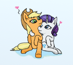 Size: 563x500 | Tagged: safe, artist:eulicious, applejack, rarity, g4, female, heart, lesbian, missing freckles, one eye closed, ship:rarijack, shipping, simple background, sitting, snuggling