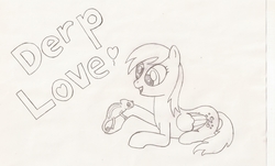 Size: 2224x1344 | Tagged: safe, artist:tay-houby, derpy hooves, chameleon, pegasus, pony, g4, derp, female, mare, monochrome, pet, solo