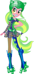 Size: 6773x14563 | Tagged: safe, artist:sugar-loop, lemon zest, equestria girls, g4, my little pony equestria girls: friendship games, official, .ai available, .svg available, absurd resolution, alternative cutie mark placement, backcard, box art, clothes, dress, female, helmet, looking at you, raised leg, roller derby, roller skates, simple background, smiling, solo, sporty style, transparent background, vector