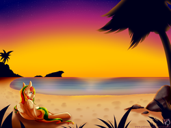 Size: 4000x3000 | Tagged: safe, artist:pinktabico, oc, oc only, pegasus, pony, beach, color porn, commission, high res, island, ocean, patreon, rock, sand, scenery, seashore, solo, sunset