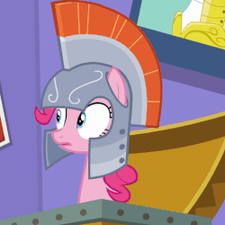 Size: 510x510 | Tagged: safe, screencap, pinkie pie, earth pony, pony, g4, season 5, the one where pinkie pie knows, animated, blinking, female, gif, grin, helmet, laughing, mare, nervous, nervous laugh, nervous smile, smiling, solo, sweat