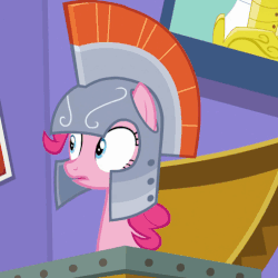 Size: 510x510 | Tagged: safe, edit, edited screencap, screencap, pinkie pie, g4, the one where pinkie pie knows, animated, blinking, caption, female, gif, grin, helmet, image macro, laughing, meme, nervous, nervous laugh, nervous smile, reaction image, smiling, solo, wrong thread