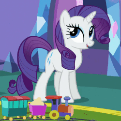 Size: 452x452 | Tagged: safe, screencap, rarity, pony, g4, season 5, the one where pinkie pie knows, animated, blinking, cute, female, gif, raised hoof, solo, toy, toy train