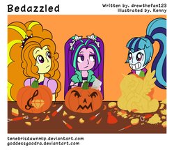 Size: 964x828 | Tagged: safe, artist:goddessgoodra, adagio dazzle, aria blaze, sonata dusk, comic:bedazzled, equestria girls, g4, bedazzled, halloween, jack-o-lantern, pumpkin, the dazzlings