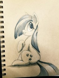 Size: 960x1280 | Tagged: safe, artist:ncmares, marble pie, earth pony, pony, g4, female, grayscale, looking back, monochrome, sitting, smiling, solo, traditional art