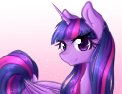 Size: 1280x989 | Tagged: safe, artist:fluffymaiden, twilight sparkle, alicorn, pony, g4, colored pupils, cute, dock, ear fluff, female, gradient background, looking at you, pink background, simple background, smiling, solo, sparkles, twiabetes, twilight sparkle (alicorn)