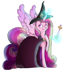 Size: 1000x1000 | Tagged: safe, artist:bubbli-tea, princess cadance, pony, g4, female, glowing horn, hat, horn, magic, solo, wand, witch, witch hat