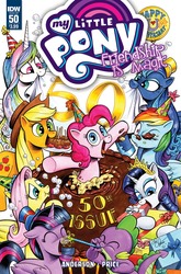 Size: 1054x1600 | Tagged: safe, artist:andypriceart, idw, applejack, fluttershy, pinkie pie, princess celestia, princess luna, rainbow dash, rarity, spike, twilight sparkle, alicorn, pony, equestria daily, chaos theory (arc), g4, spoiler:comic, spoiler:comic50, accord (arc), anniversary, cake, conclusion: and chaos into the order came, cover, food, mane six, mouth hold, present, signature, twilight sparkle (alicorn)