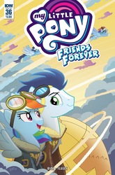 Size: 1054x1600 | Tagged: safe, artist:tonyfleecs, idw, rainbow dash, soarin', pegasus, pony, friends forever, g4, spoiler:comic, spoiler:comicff36, adventure in the comments, clothes, comments more entertaining, cover, goggles, jacket, open mouth, raised eyebrow, shipping war in the comments, smiling, spread wings, wonderbolts, wonderbolts uniform