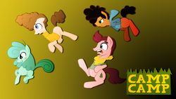 Size: 1366x768 | Tagged: safe, artist:koryt2345, earth pony, pony, blank flank, camp camp, clothes, colt, crossover, david (camp camp), filly, foal, gradient background, group, male, max (camp camp), neil (camp camp), nikki (camp camp), ponified, quartet, rooster teeth, stallion