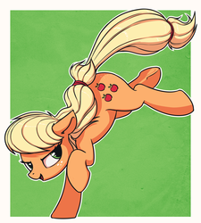 Size: 1280x1420 | Tagged: safe, artist:yoditax, applejack, earth pony, pony, g4, alternate hairstyle, butt freckles, female, legs in air, mare, simple background, solo