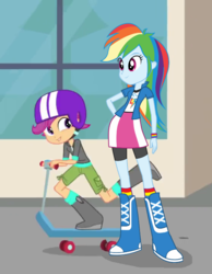 Size: 558x718 | Tagged: safe, artist:themexicanpunisher, artist:ytpinkiepie2, rainbow dash, scootaloo, equestria girls, g4, boots, bracelet, clothes, compression shorts, hand on hip, helmet, jewelry, riding, scooter, shorts, skirt, wristband