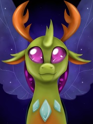 Size: 1536x2048 | Tagged: safe, artist:denigirl, thorax, changedling, changeling, g4, to where and back again, :3, blue background, bust, cute, gradient background, king thorax, looking at you, male, simple background, smiling, solo, spread wings, thorabetes