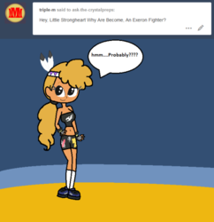 Size: 500x516 | Tagged: safe, artist:ask-the-crystalpreps, artist:obeliskgirljohanny, little strongheart, ask the crystalpreps, equestria girls, g4, ask, belly button, clothes, dialogue, equestria girls-ified, exeron fighters, exeron gloves, female, looking at you, midriff, shorts, smiling, solo, tube top, tumblr