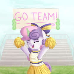 Size: 2000x2000 | Tagged: safe, artist:vanillaghosties, sweetie belle, g4, banner, cheering, cheerleader, clothes, cute, diasweetes, female, high res, magic, pom pom, skirt, solo