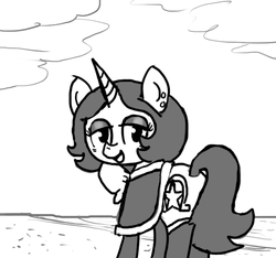 Size: 640x600 | Tagged: safe, artist:ficficponyfic, oc, oc only, oc:joyride, pony, unicorn, colt quest, beach, bowtie, clothes, cloud, ear piercing, eyeshadow, female, hair over one eye, happy, horn, leggings, makeup, mantle, mare, monochrome, ocean, piercing, sand, smiling, solo, story included, water