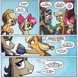 Size: 1322x1325 | Tagged: safe, artist:agnesgarbowska, idw, official comic, apple bloom, applejack, filthy rich, earth pony, pony, g4, spoiler:comic, spoiler:comic47, angry, comic, cropped, female, filly, foal, male, mare, speech bubble, stallion