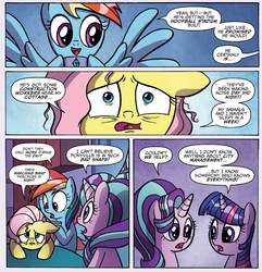 Size: 1332x1380 | Tagged: safe, artist:agnes garbowska, idw, official comic, fluttershy, rainbow dash, starlight glimmer, twilight sparkle, alicorn, pegasus, pony, unicorn, friendship is magic #47, g4, spoiler:comic, blue background, comic, female, mare, purple background, simple background, speech bubble, twilight sparkle (alicorn)