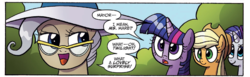 Size: 1353x418 | Tagged: safe, artist:agnes garbowska, idw, official comic, applejack, mayor mare, rarity, twilight sparkle, alicorn, pony, friendship is magic #47, g4, spoiler:comic, cropped, female, mare, speech bubble, twilight sparkle (alicorn)