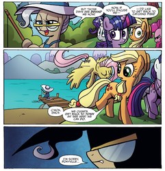 Size: 1336x1385 | Tagged: safe, artist:agnesgarbowska, idw, official comic, applejack, fluttershy, mayor mare, pinkie pie, rarity, twilight sparkle, alicorn, earth pony, pony, g4, spoiler:comic, spoiler:comic47, comic, cropped, female, fishing, lake, mare, speech bubble, twilight sparkle (alicorn)