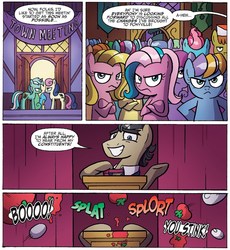Size: 1311x1425 | Tagged: safe, artist:agnesgarbowska, idw, official comic, bon bon, carrot cake, cup cake, filthy rich, lyra heartstrings, mayor mare, sweetie drops, pony, g4, spoiler:comic, spoiler:comic47, comic, cropped, crossed arms, female, food, human pose, male, mare, rock, speech bubble, stallion, tomato