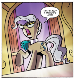 Size: 709x742 | Tagged: safe, artist:agnes garbowska, idw, official comic, mayor mare, earth pony, pony, friendship is magic #47, g4, my little pony: friendship is magic (idw), spoiler:comic, crepuscular rays, cropped, door, female, frown, glasses, hidden eyes, mare, open mouth, pose, raised hoof, solo, speech bubble