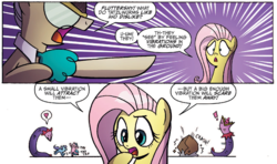 Size: 1306x774 | Tagged: safe, artist:agnesgarbowska, idw, official comic, fluttershy, mayor mare, pony, tatzlwurm, g4, spoiler:comic, spoiler:comic47, comic, cropped, female, mare, purple background, simple background, speech bubble, white background