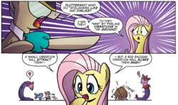 Size: 1306x774 | Tagged: safe, artist:agnes garbowska, idw, official comic, fluttershy, mayor mare, pony, tatzlwurm, friendship is magic #47, g4, spoiler:comic, comic, cropped, female, mare, purple background, simple background, speech bubble, white background