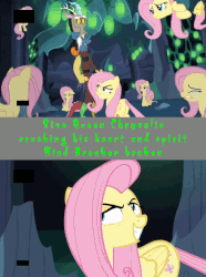 Size: 676x908 | Tagged: safe, edit, edited screencap, screencap, discord, fluttershy, changeling, g4, to where and back again, animated, backpack, broken, changeling hive, close-up, clothes, comic, crying, defeated, frown, gif, grin, headcanon, implied chrysalis, multeity, scarf, screencap comic, shapeshifting, smiling, text, zoom