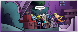 Size: 1304x542 | Tagged: safe, artist:agnesgarbowska, idw, official comic, mayor mare, twilight sparkle, alicorn, pony, g4, spoiler:comic, spoiler:comic47, cropped, cymbals, explosives, female, male, mare, musical instrument, night, speech bubble, stallion, tnt, trumpet, twilight sparkle (alicorn)
