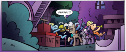 Size: 1304x542 | Tagged: safe, artist:agnes garbowska, idw, official comic, mayor mare, twilight sparkle, alicorn, pony, friendship is magic #47, g4, spoiler:comic, cropped, cymbals, explosives, female, male, mare, musical instrument, night, speech bubble, stallion, tnt, trumpet, twilight sparkle (alicorn)