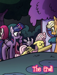 Size: 508x664 | Tagged: safe, artist:agnesgarbowska, idw, official comic, angel bunny, applejack, fluttershy, twilight sparkle, alicorn, pegasus, pony, g4, spoiler:comic, spoiler:comic47, cropped, eyes closed, female, fluttershy's cottage, mare, twilight sparkle (alicorn)