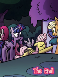 Size: 508x664 | Tagged: safe, artist:agnes garbowska, idw, official comic, angel bunny, applejack, fluttershy, twilight sparkle, alicorn, pegasus, pony, friendship is magic #47, g4, spoiler:comic, cropped, eyes closed, female, fluttershy's cottage, mare, twilight sparkle (alicorn)