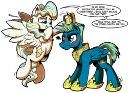 Size: 3263x2383 | Tagged: dead source, safe, artist:gray--day, sky stinger, vapor trail, pegasus, pony, g4, top bolt, blushing, cardboard, chest fluff, cute, dialogue, duo, embarrassed, female, giggling, high res, male, mare, nose wrinkle, pretty, pretty princess, princess of flying, simple background, speech bubble, stallion, transparent background, wing fluff