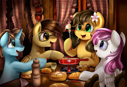 Size: 3701x2550 | Tagged: safe, artist:pridark, oc, oc only, earth pony, pegasus, pony, unicorn, bread, chair, commission, dining room, fondue, food, fork, glass, high res, hoof hold, open mouth, plate, signature, sitting, table