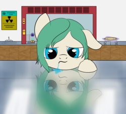 Size: 6600x6000 | Tagged: safe, artist:candylines, oc, oc only, oc:emerald spark, fallout equestria, absurd resolution, drool, laboratory, reflection, solo