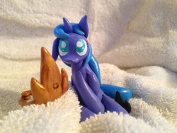 Size: 640x480 | Tagged: safe, artist:triplerainbowdash, princess luna, g4, blanket, craft, crown, female, filly, irl, jewelry, photo, regalia, sculpture, smiling, solo, traditional art, woona, younger