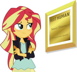 Size: 1093x1024 | Tagged: safe, sunset shimmer, equestria girls, g4, best human, blushing, crossed arms, exploitable meme, female, inverted mouth, meme, plaque, simple background, smiling, solo, sunset's picture frame, the truth, transparent background, vector