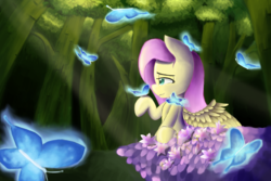 Size: 5400x3600 | Tagged: safe, artist:purpleblackkiwi, fluttershy, butterfly, g4, crepuscular rays, everfree forest, flower, glowing, holding, lidded eyes, looking at something, painting, sitting, soft shading, spread wings