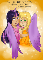 Size: 1024x1442 | Tagged: safe, artist:shayleewolf, applejack, twilight sparkle, human, g4, crying, female, horn, horned humanization, humanized, protecting, twilight sparkle (alicorn), winged humanization