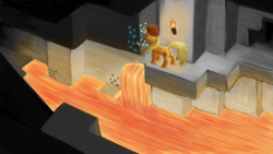 Size: 3840x2160 | Tagged: safe, artist:uber-dragon, applejack, g4, cave, coal, diamond, diamonds, female, high res, lava, ledge, minecraft, mining, mouth hold, ore, pickaxe, solo, torch