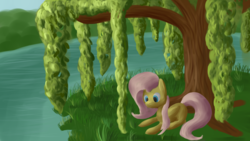 Size: 3840x2160 | Tagged: safe, artist:uber-dragon, fluttershy, g4, female, grass, high res, lying down, prone, river, solo, tree, under the tree, water