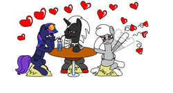Size: 1373x743 | Tagged: safe, artist:tay-houby, oc, oc only, oc:emerl, oc:moonligth, oc:tay, pegasus, pony, unicorn, hay, heart, meeting, milkshake, sharing a drink, straw, table