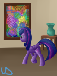 Size: 2160x2860 | Tagged: safe, artist:uber-dragon, twilight sparkle, alicorn, pony, g4, abstract art, dada, female, high res, modern art, museum, picture frame, solo, table, twilight sparkle (alicorn), vase, walking